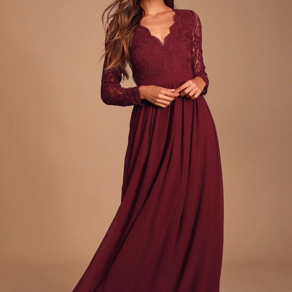 Lulu’s Burgundy Long Sleeve Lace Maxi Dress